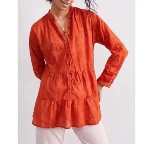 Anthropologie x Pilcro Orange Embroidered Peplum Boho Peasant Top Diamond XS - Picture 1 of 8